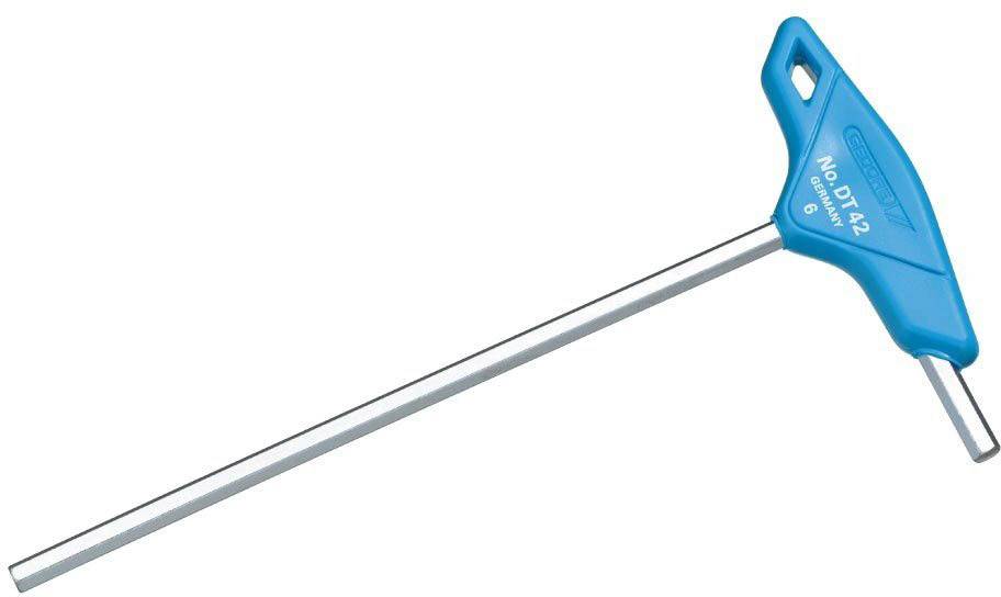 Sechskantschlüssel mit T-Griff aus Metall, Griff blau. Werkzeug zum Anziehen oder Lösen von Schrauben mit Innensechskant.