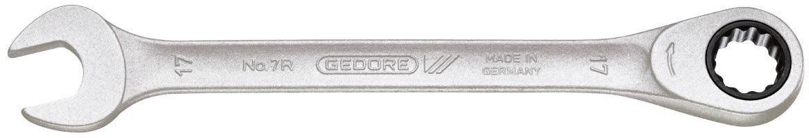Ein kombinierter Ringschlüssel aus Metall mit der Aufschrift 'GEDORE', 'MADE IN GERMANY'. Links ein offenes Maul, rechts ein Ringschlüssel.