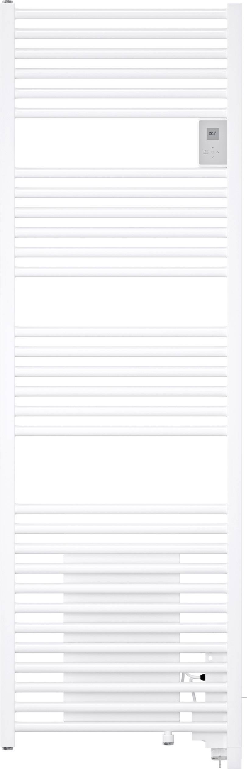 Weißer Handtuchheizkörper an der Wand, vertikale Anordnung der Heizstäbe, unterer Bereich mit direktem Anschluss und Bedienfeld oben rechts.