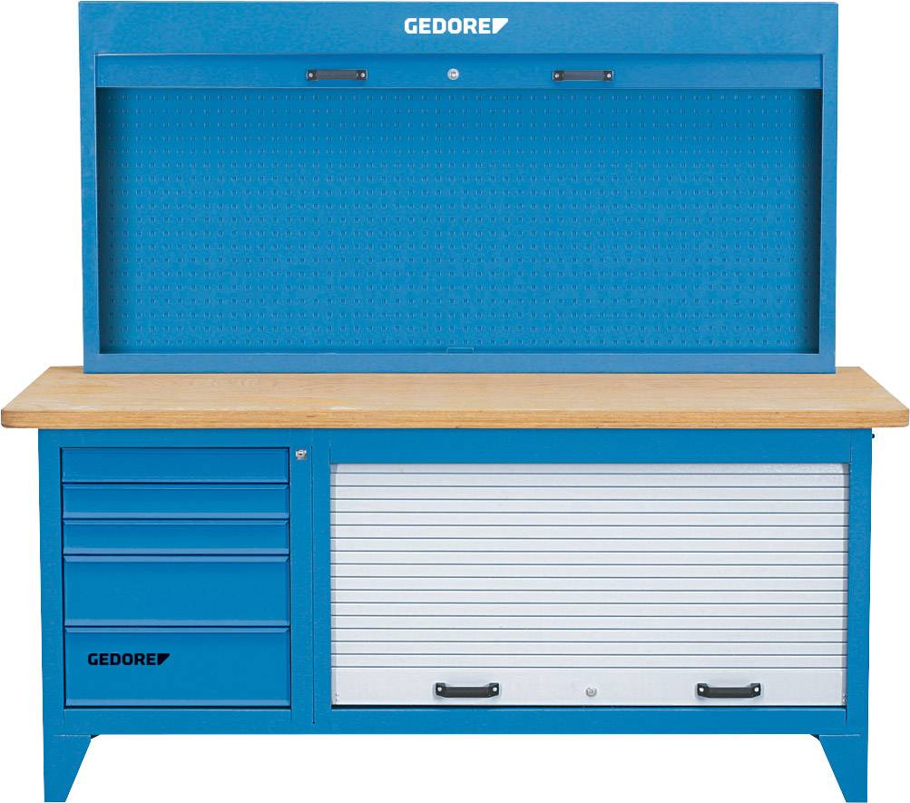 Blaue Werkbank mit Holzplatte, links drei Schubladen, rechts verschließbarer Rolltürenschrank, darüber perforierte Rückwand.