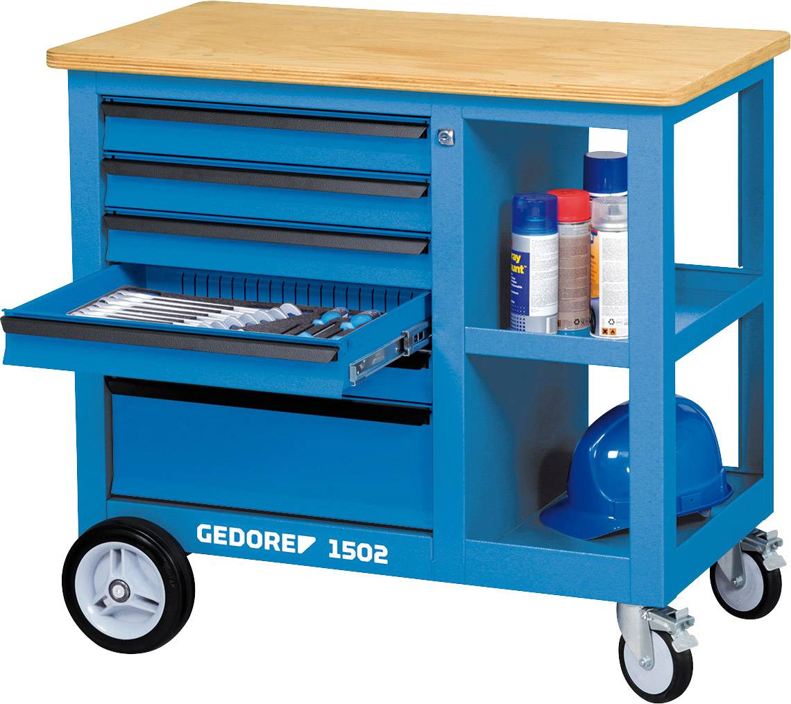 Ein blauer Werkstattwagen mit vier Schubladen und einem offenen Fach mit Spraydosen und einem Helm. Eine Schublade ist geöffnet und zeigt Werkzeuge.