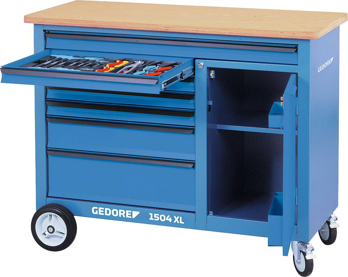 Ein blauer Werkstattwagen mit Holzplatte, offene Schublade mit Werkzeugen und ein offenes Fach, auf Rollen für Mobilität.
