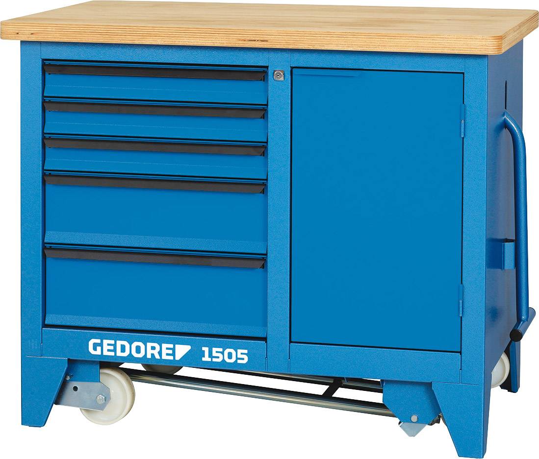 Blauer Werkzeugwagen mit fünf Schubladen und einer Schranktür, holzverkleidete Oberseite, auf Rollen. Aufschrift: 'GEDORE 1505'.