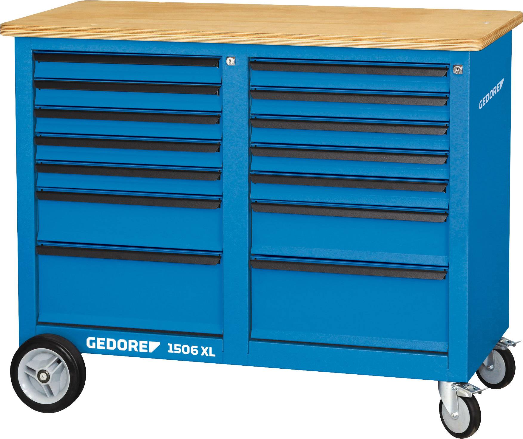 Blauer Werkzeugschrank mit acht Schubladen und Holzplatte, auf Rädern.