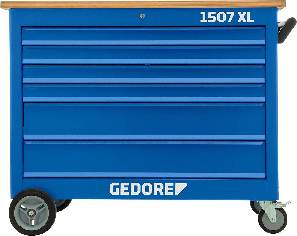 Ein blauer Werkzeugwagen der Marke Gedore mit fünf Schubladen, Modell '1507 XL'. Der Wagen hat Räder und eine Holzoberfläche.