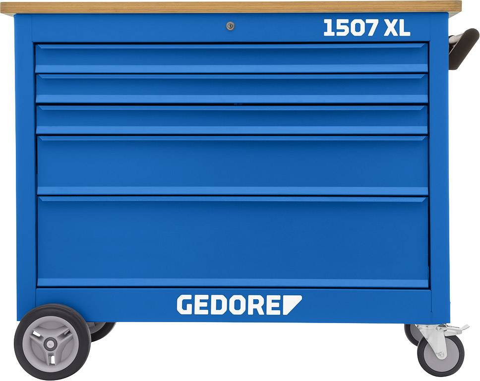 Blauer Werkstattwagen mit der Aufschrift '1507 XL' und 'GEDORE', ausgestattet mit mehreren Schubladen und Rollen für Mobilität.