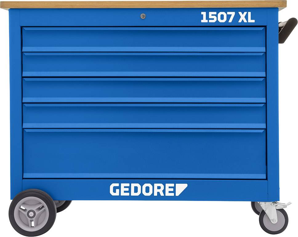 Blauer Werkzeugwagen mit fünf Schubladen, oben links Beschriftung '1507 XL', unten Logo 'GEDORE', zwei große Räder rechts sichtbar.