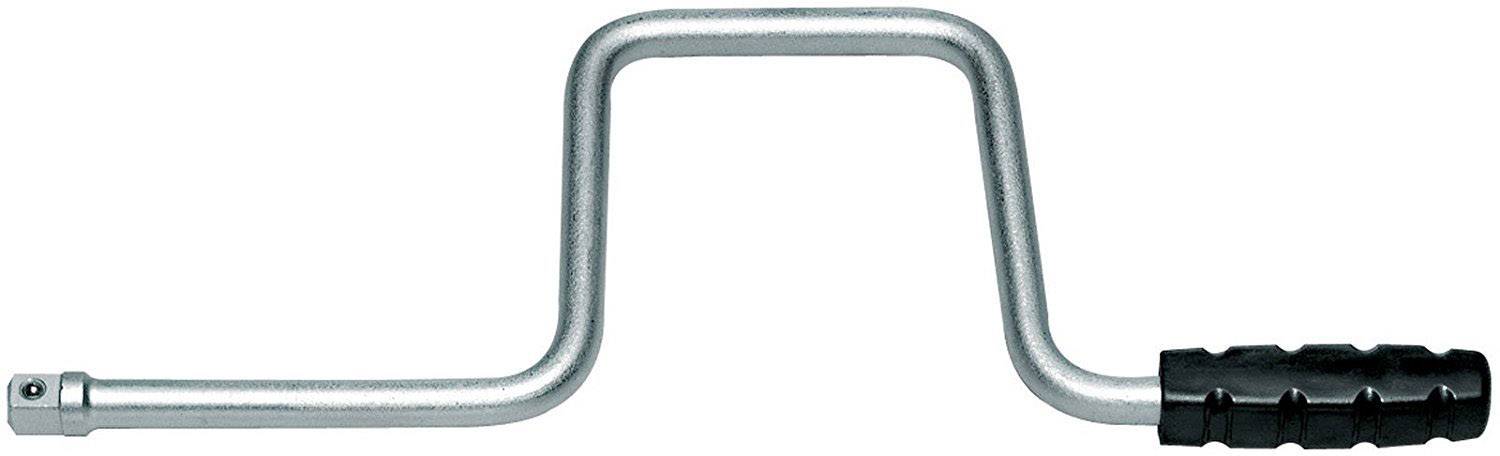 Kurbel mit rechteckigem, abgewinkeltem Griff und schwarzem, geripptem Handgriff, zur Drehung von Werkzeugen oder Maschinen.