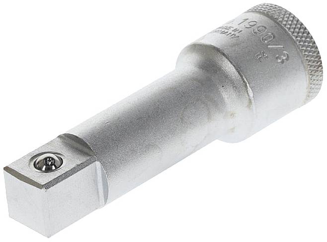 Ein silberner Steckschlüssel-Adapter mit quadratischem Ende und runder Grifffläche, verwendet zum Anziehen oder Lösen von Schraubenmuttern.