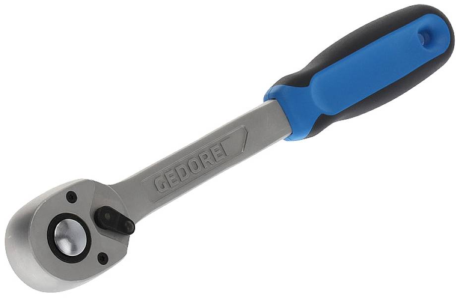 Ein Schraubenschlüssel mit einem blauen und schwarzen Griff.