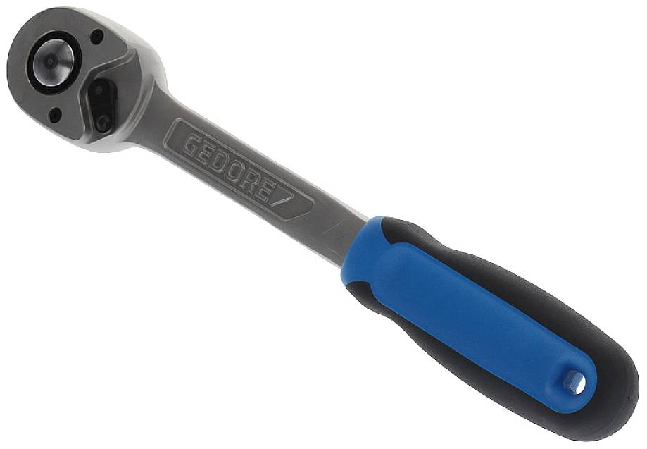 Eine Ratsche mit ergonomischem Griff, teilweise blau-schwarz. Die Marke 'Gedore' ist auf dem Metallkörper eingraviert.