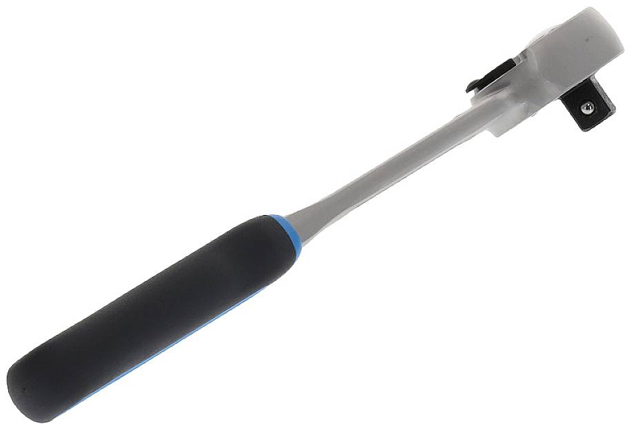 Ein silberner Drehmomentschlüssel mit blau-schwarzem Griff, horizontal ausgerichtet. Ideal für exakt kontrollierte Kraftanwendung.