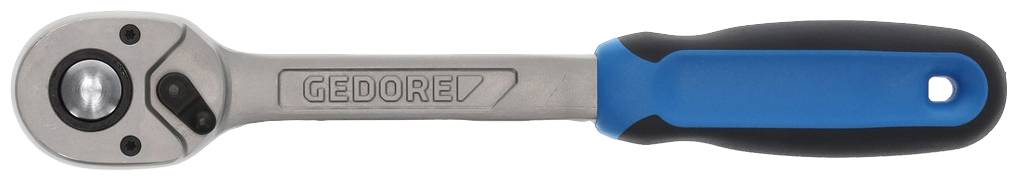 Eine silberne Ratsche mit einem blauen ergonomischen Griff, auf dem 'Gedore' steht.