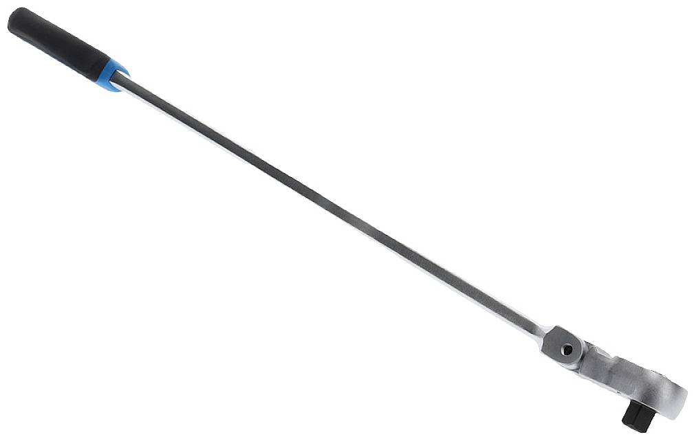 Ein langer Metallstab mit schwarzem Griff und einem Haken am Ende, zur Nutzung als Hebel oder Werkzeug.