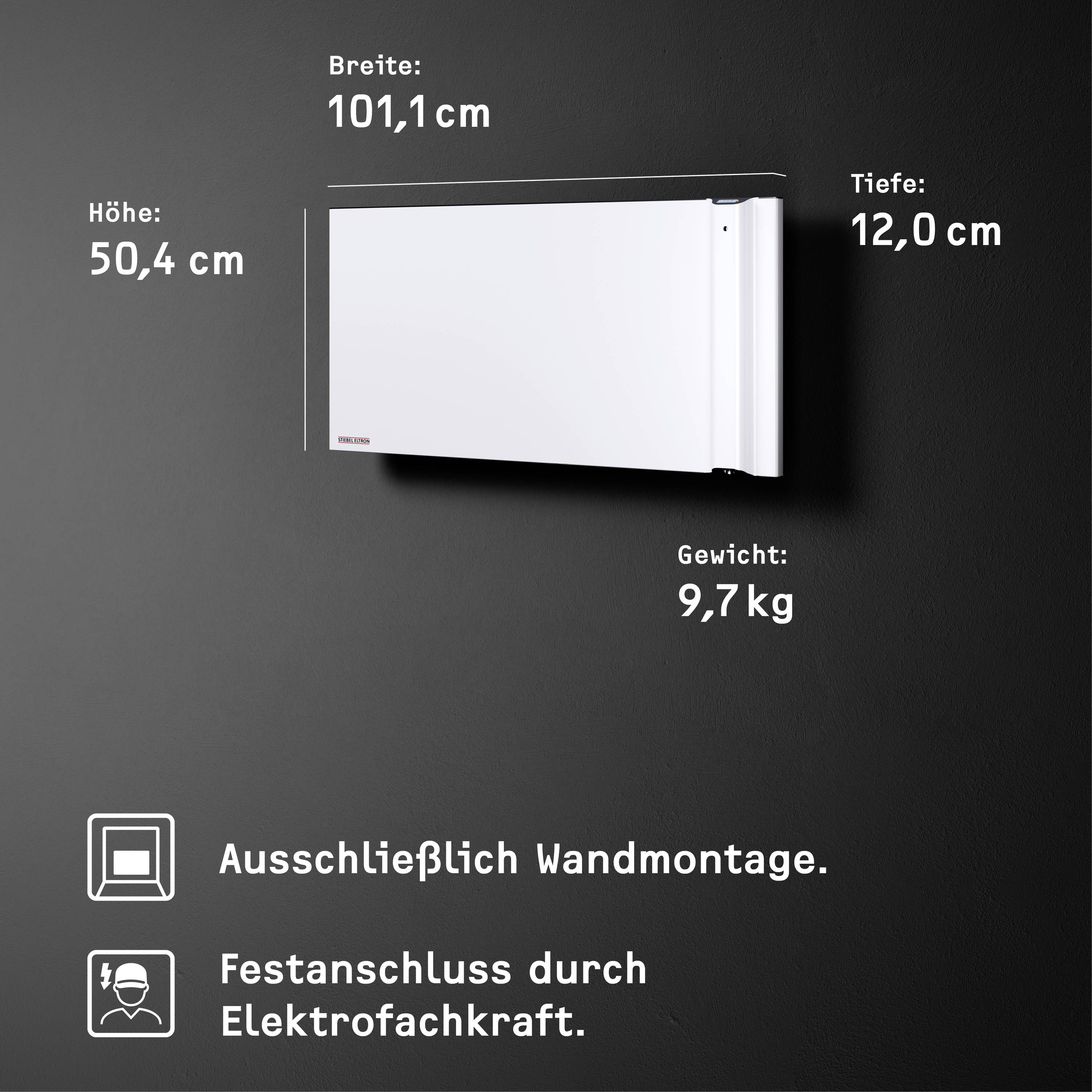 Ein weißes Heizgerät an der Wand montiert. Maße: Höhe 50,4 cm, Breite 101,1 cm, Tiefe 12,0 cm, Gewicht 9,7 kg. Montagehinweise unten.