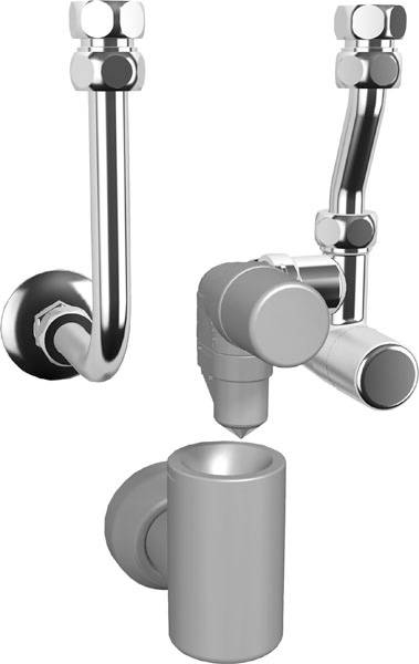 Ein Wasserhahn mit zwei verchromten Rohren, die zu einer zentralen Mischarmatur führen. Darunter befindet sich ein separater Auslauf.