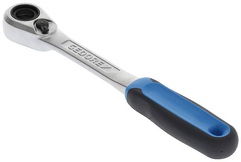 Ein silberner Schraubenschlüssel mit einem blauen, rutschfesten Griff.