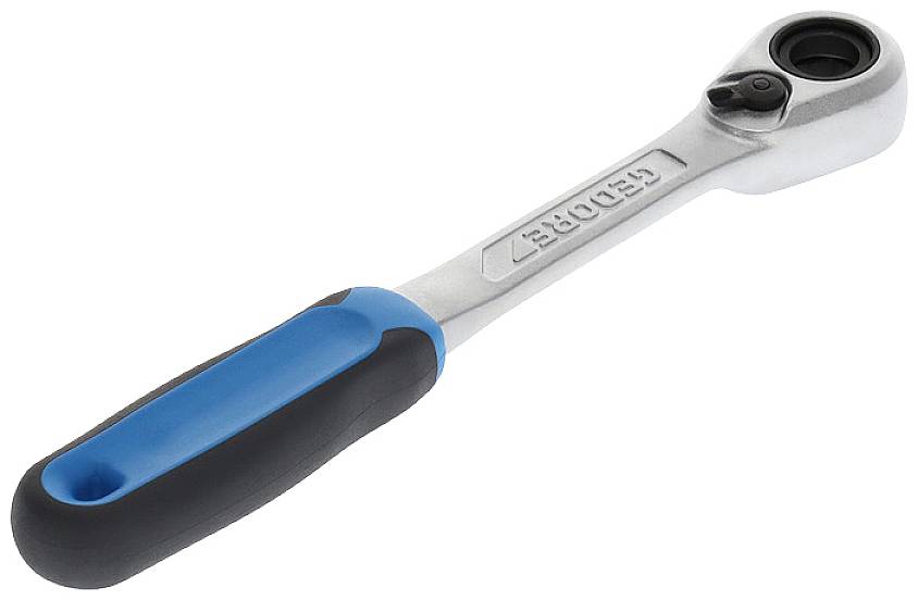 Ratschenschlüssel mit blau-schwarzem Griff, aus Metall, verwendet für das Drehen von Schrauben oder Muttern in begrenztem Raum.