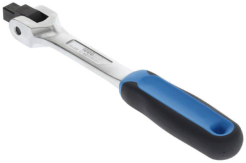 Ein Schraubenschlüssel mit blau-schwarzem ergonomischem Griff und verstellbarem Kopf aus Metall.