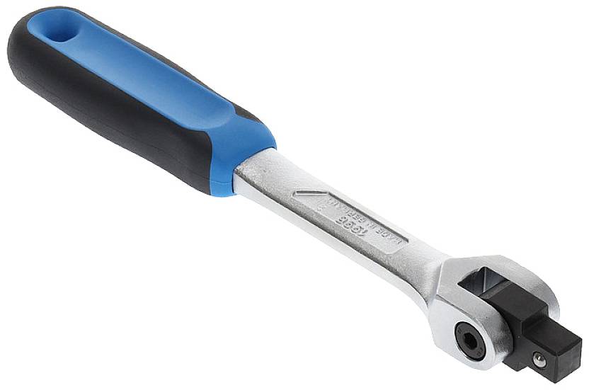 Handratsche mit blau-schwarzem Griff, drehbarem Vierkant und Metallkörper für mechanische Arbeiten.