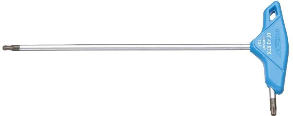 'T-Griff-Schlüssel mit langem silbernem Schaft und blauem Griff. Markiert mit 
