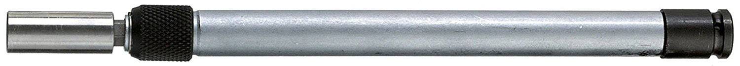 Zylinderförmiger Metallgegenstand, möglicherweise ein Teil eines Werkzeugs oder Maschinenbauteils, mit schwarzem geriffelten Griff.