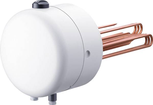 Ein elektrischer Heizstab mit Kupferelementen und einem weißen Gehäuse, häufig in Warmwasserspeichern zur Wassererwärmung verwendet.