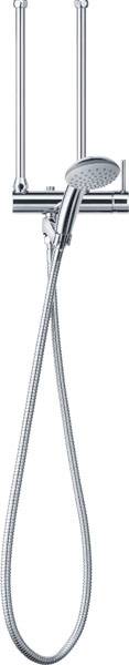 Duschkopf mit flexiblem Schlauch an verstellbarer Halterung. Chromoptik, geeignet für moderne Badezimmer.