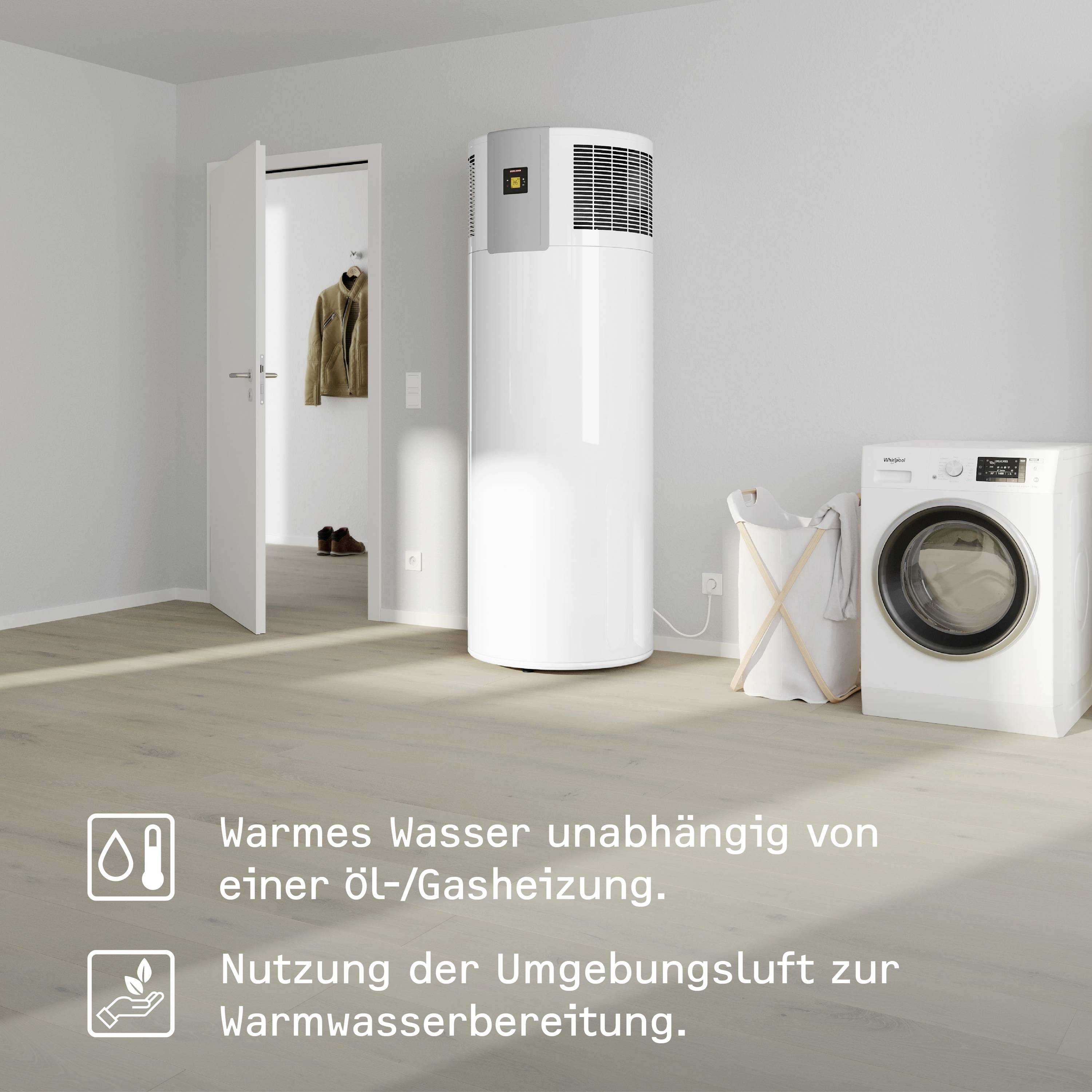 Eine Wärmepumpe im Haus, daneben eine Waschmaschine. Text: 'Warmes Wasser unabhängig von einer Öl-/Gasheizung durch Nutzung der Umgebungsluft.'