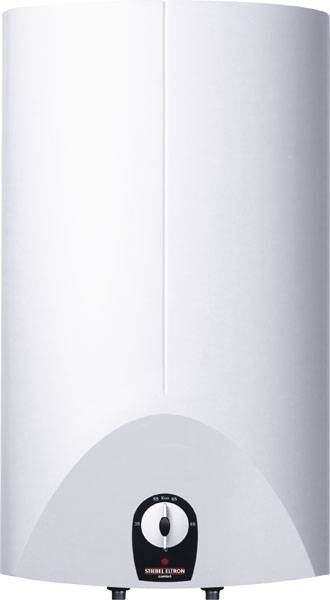 Ein weißer elektrischer Warmwasserboiler mit einem Drehknopf an der Vorderseite zur Temperatureinstellung.