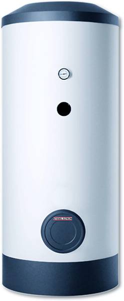 Elektrischer Warmwasserspeicher in zylindrischer Form mit Bedienelementen und Temperaturanzeige.