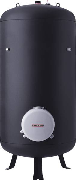 Ein stehender, zylindrischer schwarzer Wasserboiler mit einer weißen Abdeckung unten und drei Beinen.