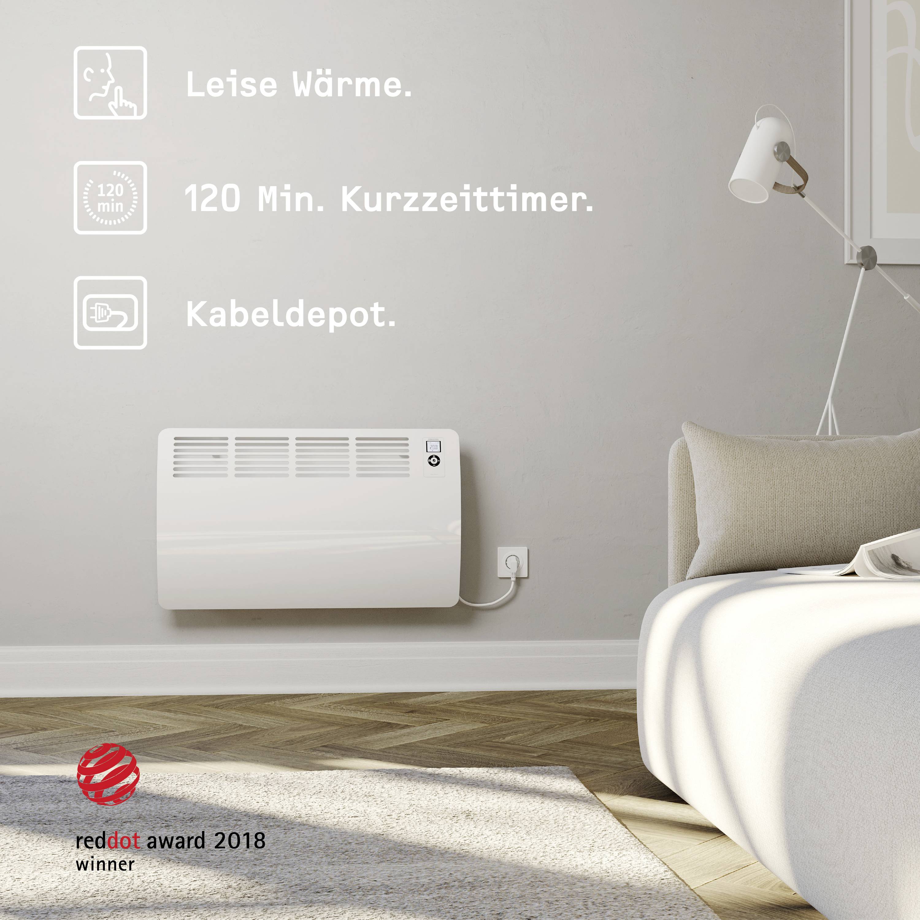 Ein weißer Heizkörper an einer Wand in einem modernen Raum. Text: 'Leise Wärme', '120 min. Kurzezeitmesser', 'Kabeldepot.' Red Dot Award 2018 Gewinner-Logo unten links.