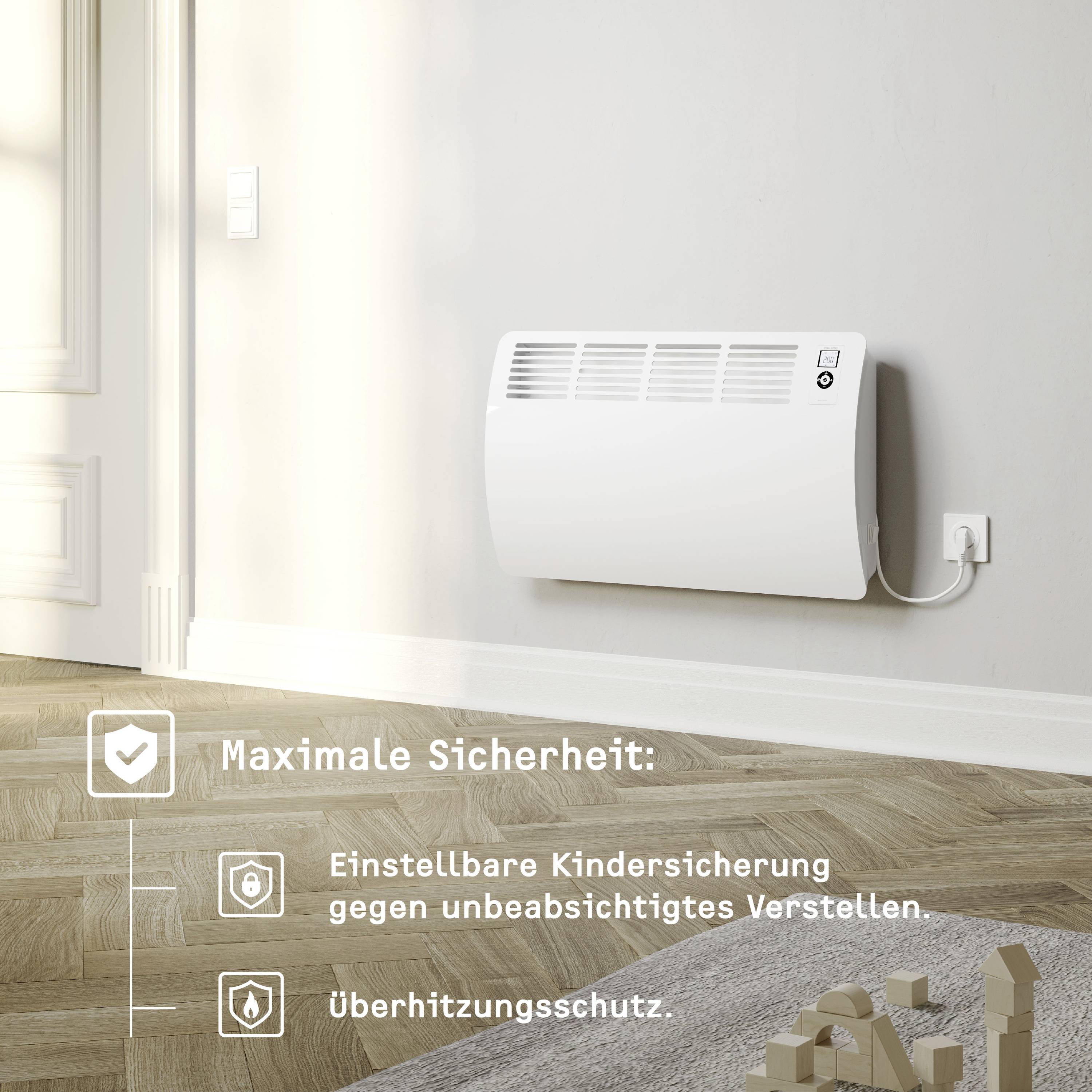 Ein weißer Heizkörper an einer Wand in einem Haus. Text beschreibt Sicherheitsfunktionen: 'Kindersicherung, Überhitzungsschutz'.