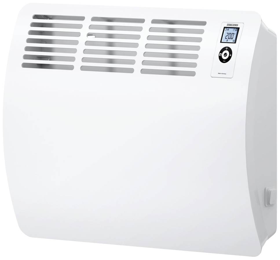 Weißer elektrischer Konvektor mit Lüftungsschlitzen und digitalem Display zeigt '20°C'.