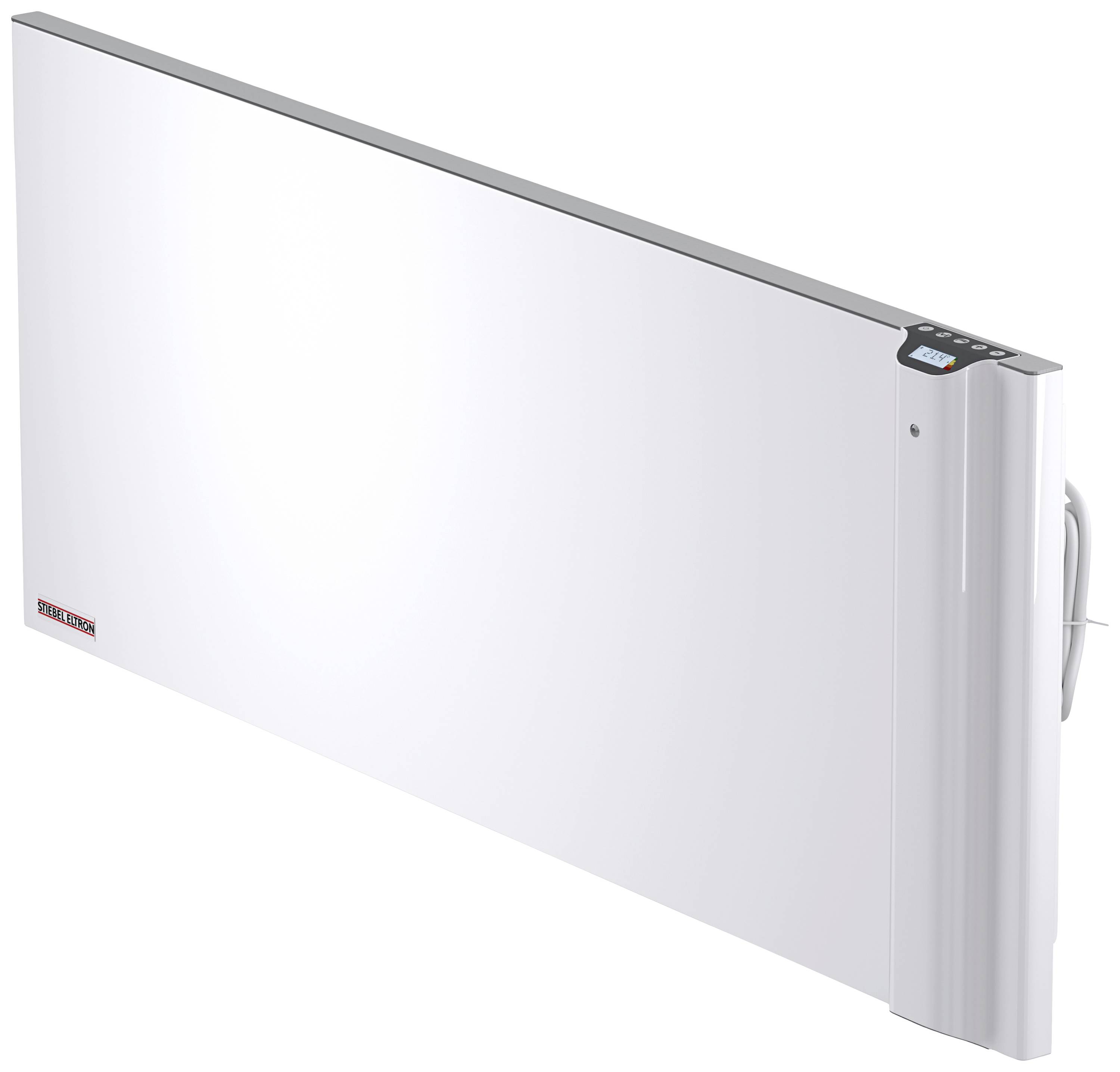 Flacher, weißer elektrischer Heizkörper mit Steuerdisplay an der Seite. Ideal für Raumheizung. Minimalistisches Design.