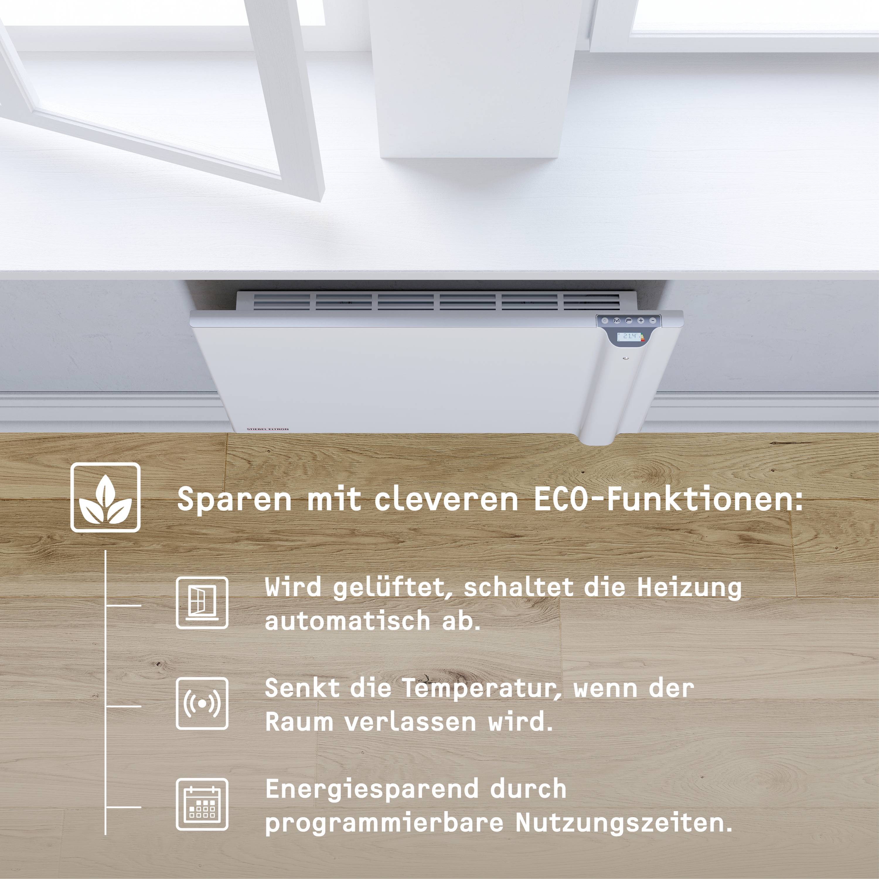 Offenes Fenster über Heizkörper; Text: 'Sparen mit cleveren ECO-Funktionen: Automatisches Abschalten, Temperaturanpassung, programmierbare Nutzung'.