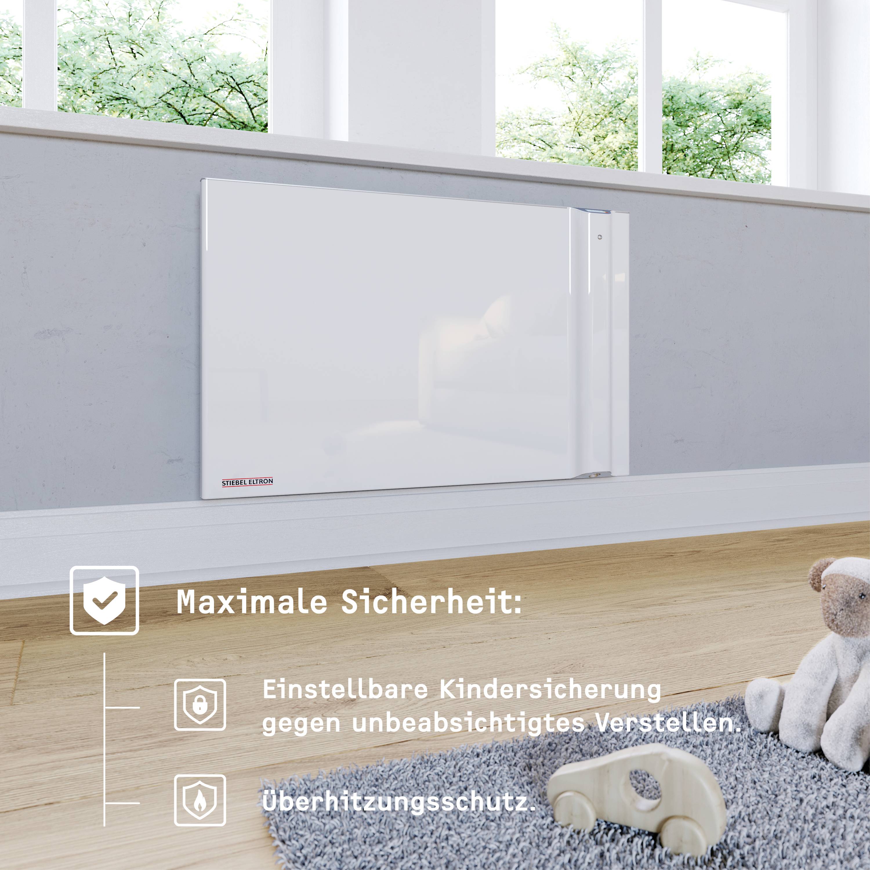 Weiße Heizung an der Wand vor einem Fenster mit grüner Aussicht. Text: Maximale Sicherheit, einstellbare Kindersicherung, Überhitzungsschutz.