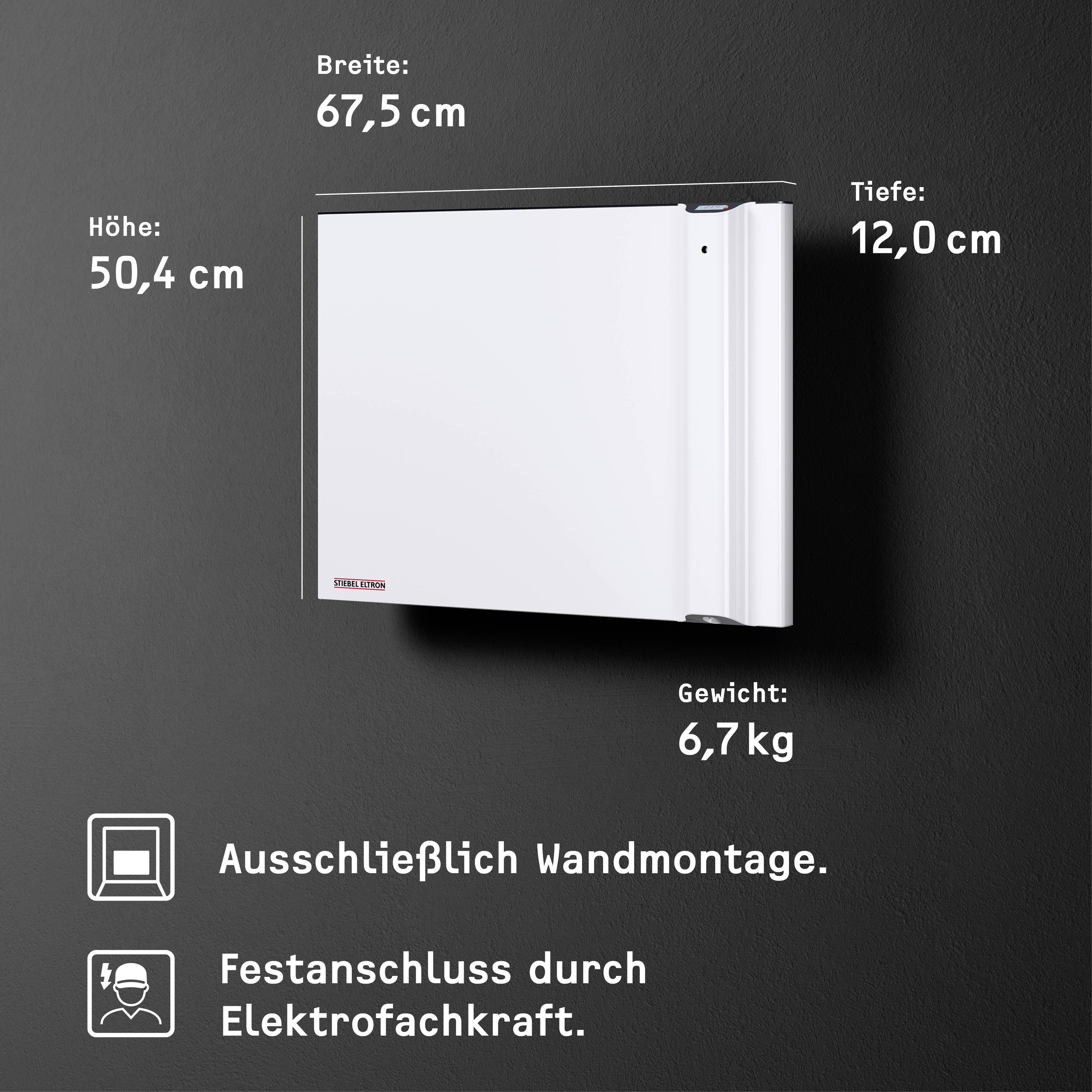 Heizkörper an dunkler Wand mit Maßen: Breite 67,5 cm, Höhe 50,4 cm, Tiefe 12 cm. Gewicht 6,7 kg. Nur Wandmontage, Festanschluss nötig.