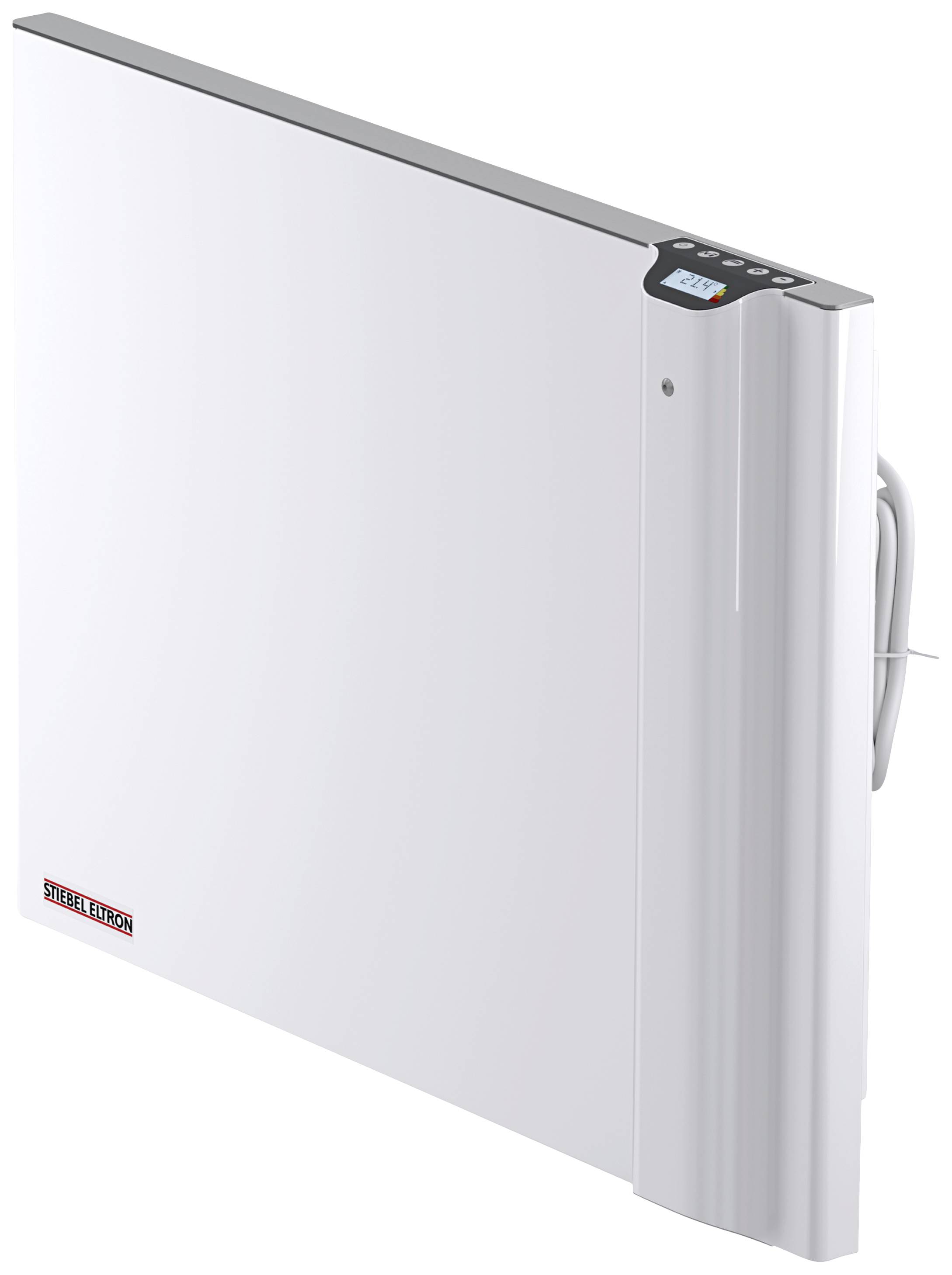 Weiße elektrische Heizung mit digitalem Display und Bedienelementen oben rechts.