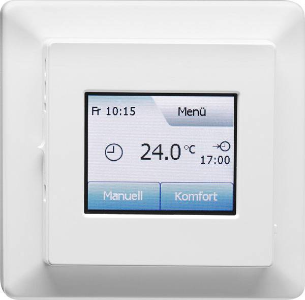 Ein Thermostat mit digitalem Display zeigt eine aktuelle Temperatur von 24,0°C und bietet Optionen für 'Manuell' und 'Komfort'.