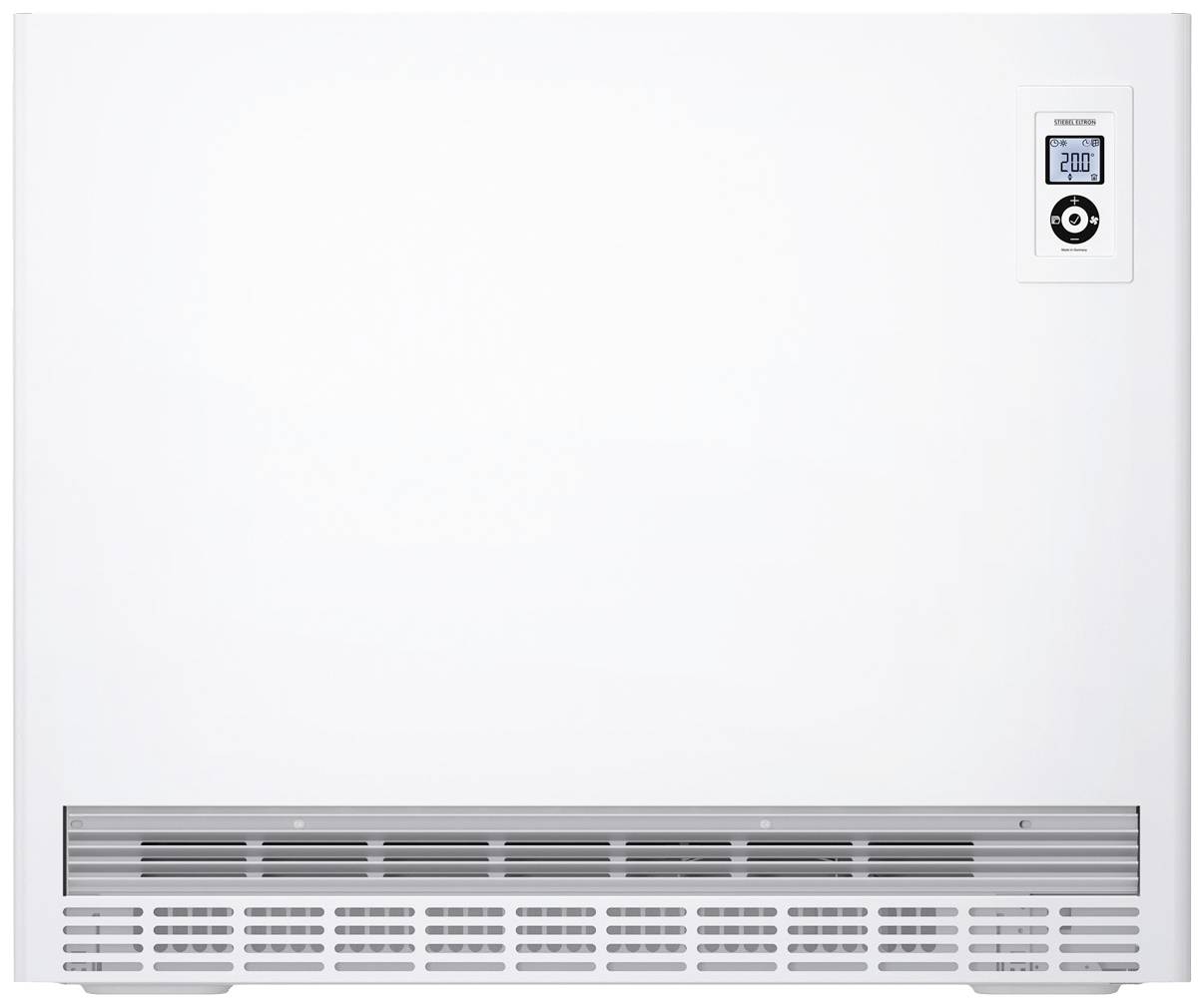 Ein weißes Heizgerät mit Belüftungsschlitzen unten und einem digitalen Thermostat rechts oben, zeigt 20°C an.