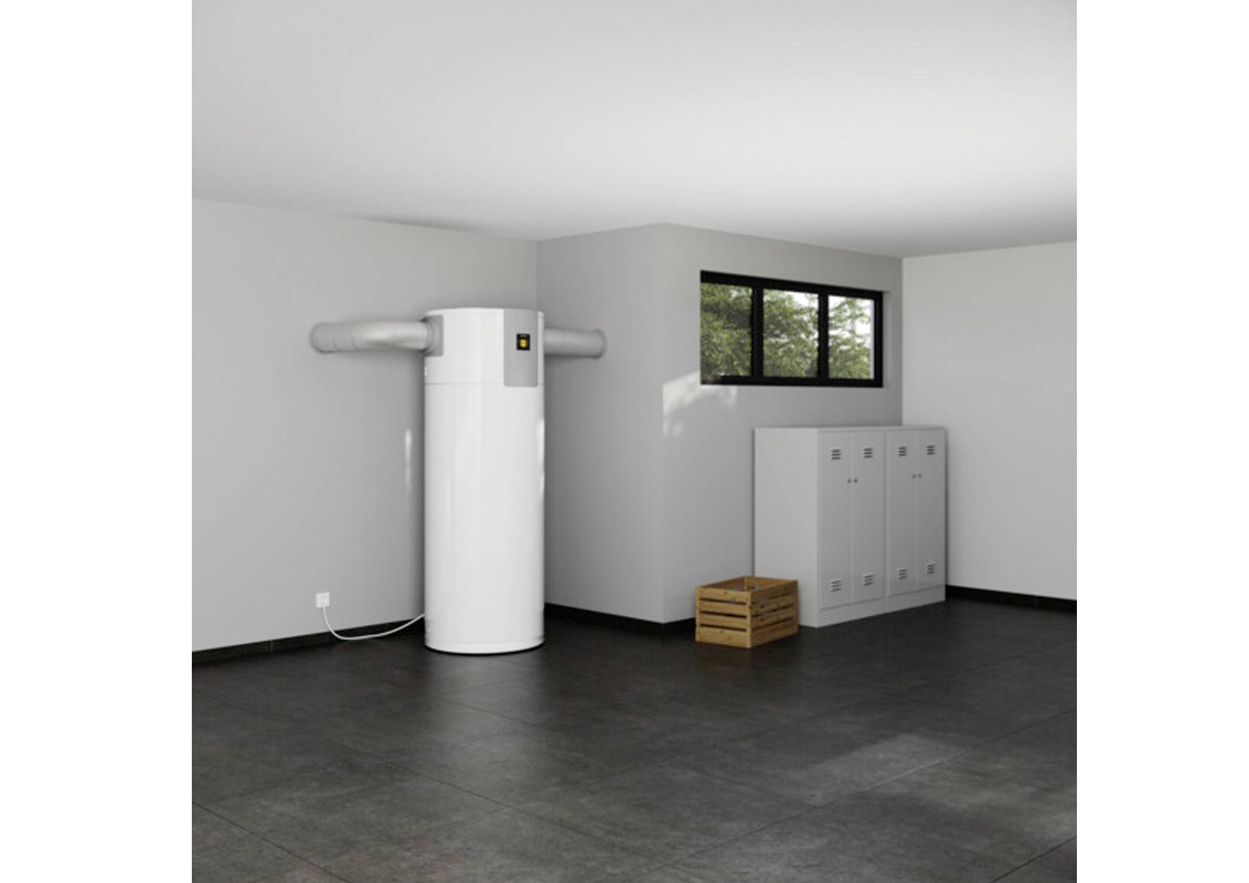 Weißer Boiler in einem modernen Raum mit grauem Boden, Fenster und Schränken.