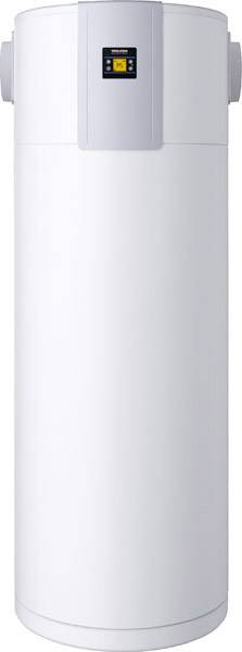 Weißer, zylindrischer Warmwasserspeicher mit digitaler Anzeige oben; verwendet zur Erhitzung und Speicherung von Wasser.