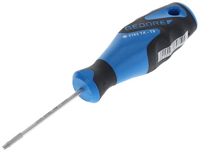 Schraubendreher mit blau-schwarzem Griff, geeignet für Torx T9-Schrauben.