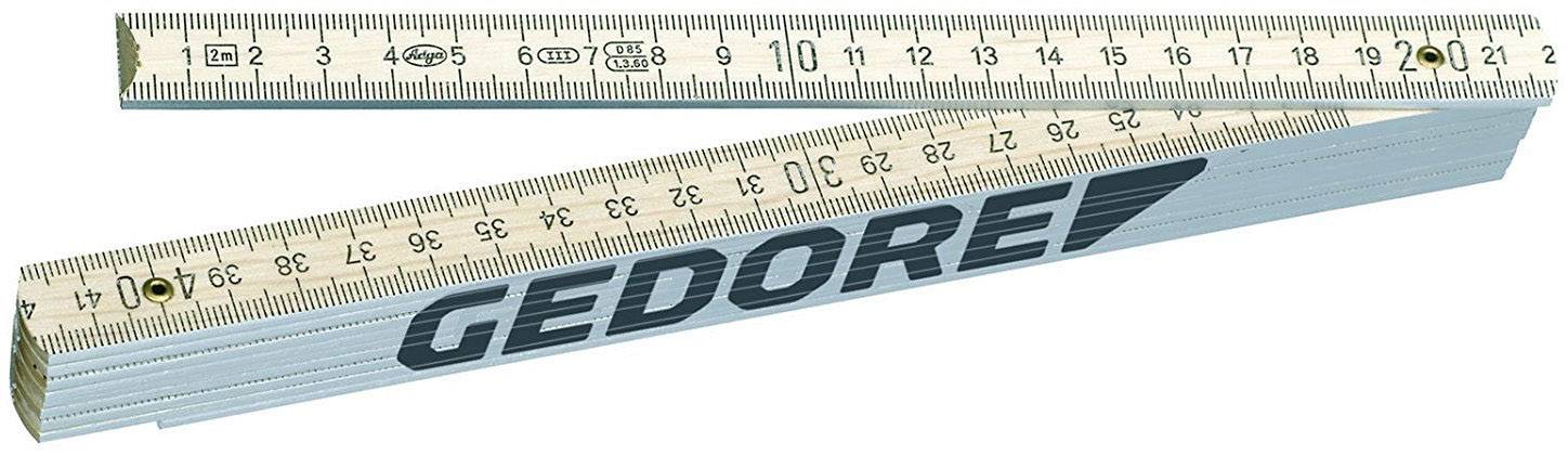 Ein ausgeklappter Zollstock von 'GEDORE' mit sichtbaren Zentimetermarkierungen und einem stabilen, weißen Design.