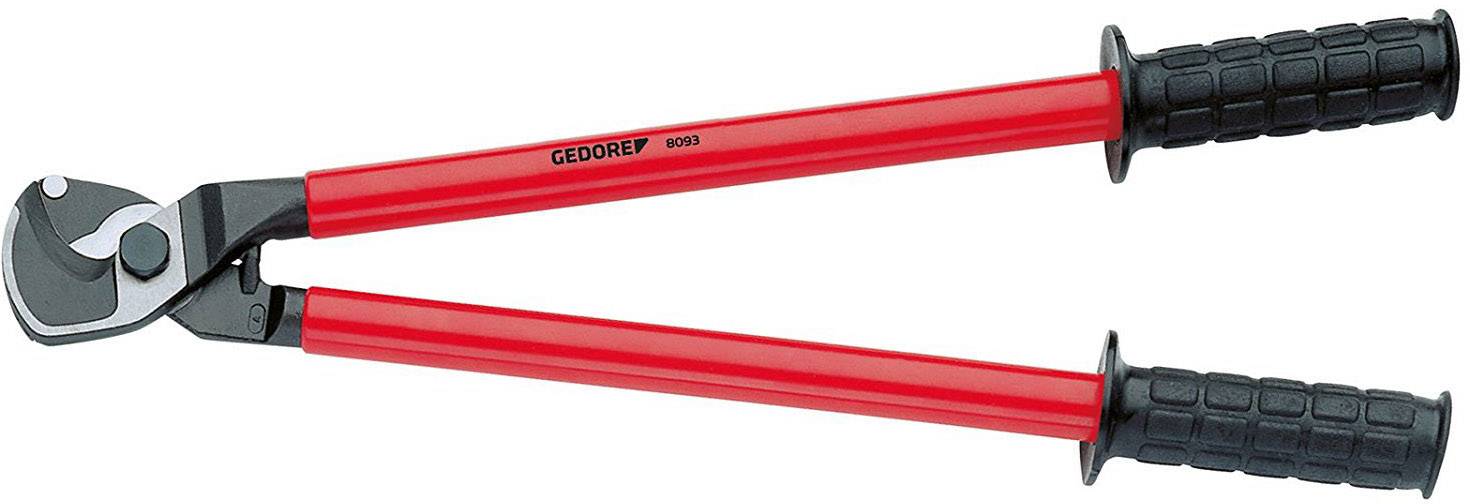 Eine rote Kabelschere mit schwarzen Griffen, geeignet zum Schneiden von dicken Kabeln oder Metallstäben. Markenname sichtbar.