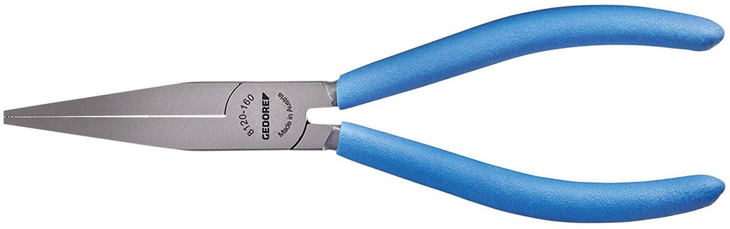 Langbeckzange mit blauen Griffen, überwiegend für präzise Elektroarbeiten genutzt.