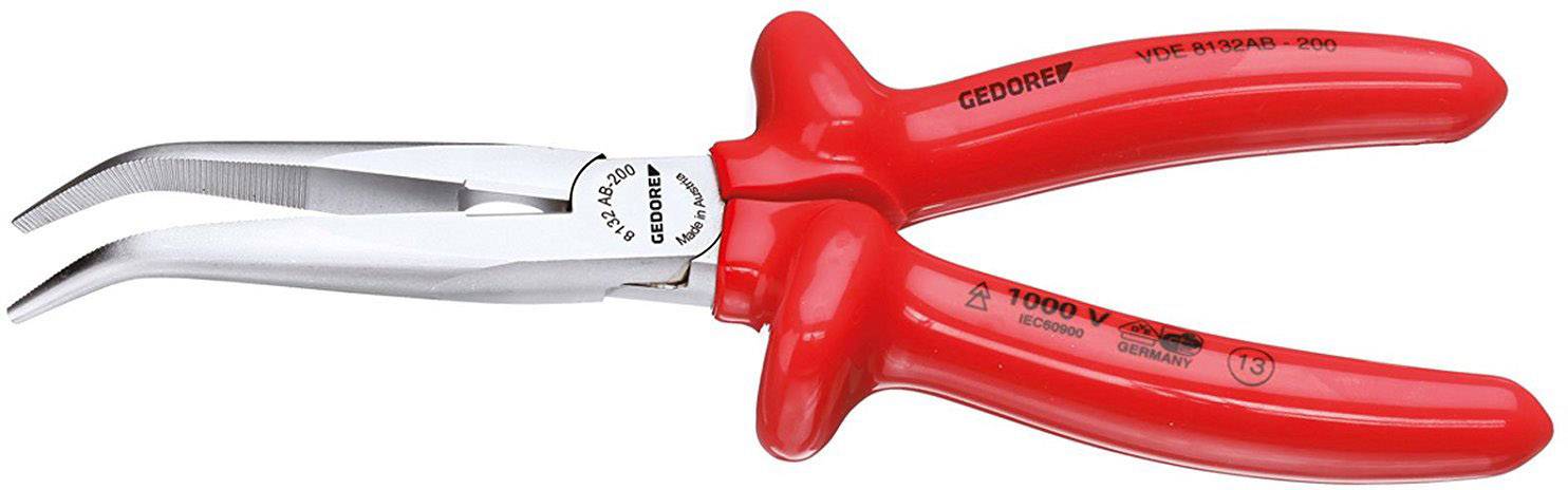 Rote isolierte Spitzzange mit gebogenen Spitzen, geeignet für Arbeiten an elektrischen Anlagen bis 1000 V.