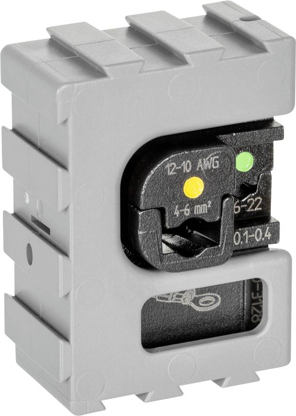 Grauer elektrischer Klemmenblock mit Beschriftungen für Kabelgrößen 12-22 AWG und 4-6 mm², Indikatoren in Grün und Gelb.